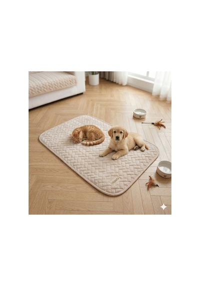 Kaymaz Tabanlı Kedi Köpek Matı Yıkanabilir Kapitoneli Evcil Hayvan Matı Yatağı Krem