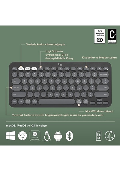 Logıtech K380s, Pebble Keys 2, Siyah, 920-011859, Bluetooth, Türkçe, Q, Multimedya, Mini Klavye 12934554