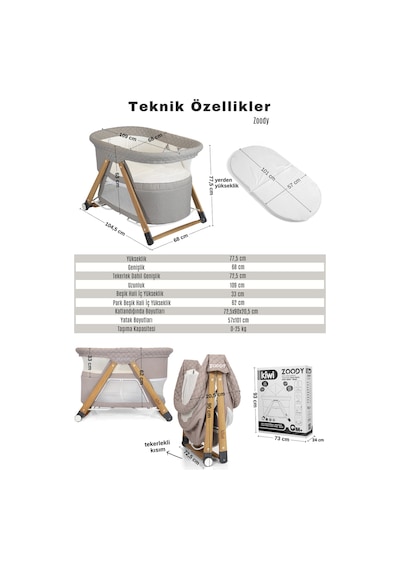 Kiwi Zoody 3 İn 1 Bebek Beşiği, Oyun Parkı Ve Park Yatak Ve Zoody Yatak Kw-2041