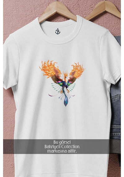 Oversize Colourful Phoenix With Open Wings Tasarımlı Unisex T-shirt Beyaz