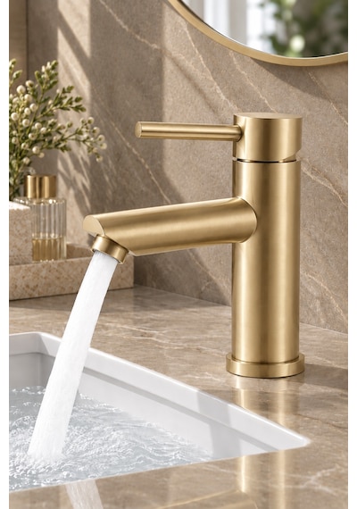 Lavabo Bataryası Mat Gold Fırçalı Altın 304 Paslanmaz Aç Kapa Banyo Bataryası Leke Tutmaz Mat Altın
