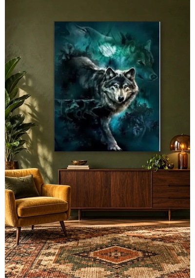 Fida Turkuaz Sisli Ormanda Hayalet Kurtlar Canvas Tablo Çok Renkli