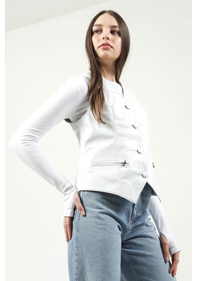 Dericlub Vittoria Kadın Düğmeli Slim Fit Hakiki Deri Yelek Beyaz