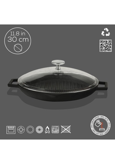 Lava Yuvarlak Izgara Tava Çap 30 Cm Cam Kapak Siyah