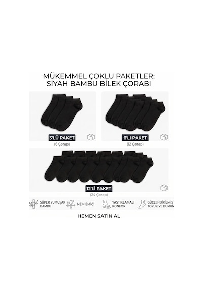 Çorap Giyim Kadın Bambu Patik Çorap 6 Lı Paket, Siyah Beyaz Gri, Nefes Alan Nem Emici Yumuşak Günlük Spor Bilek Çorabı