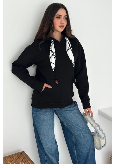 Noa & Noa Kadın Fular Detaylı Kapüşonlu Sweatshirt Casual Charm Siyah