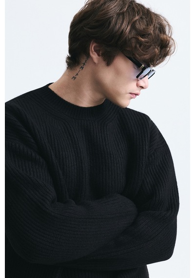Vamos Oversize Fitilli Triko Kazak Siyah