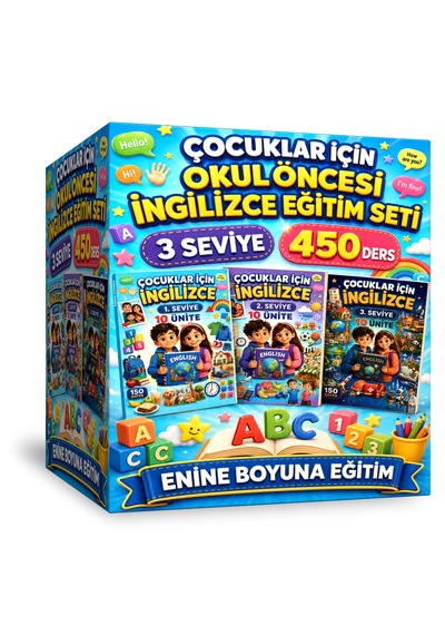 Çocuklar İçin Okul Öncesi İngilizce Eğitim Seti 3 Seviye, 450 Ders, Tam Sayfa Renkli