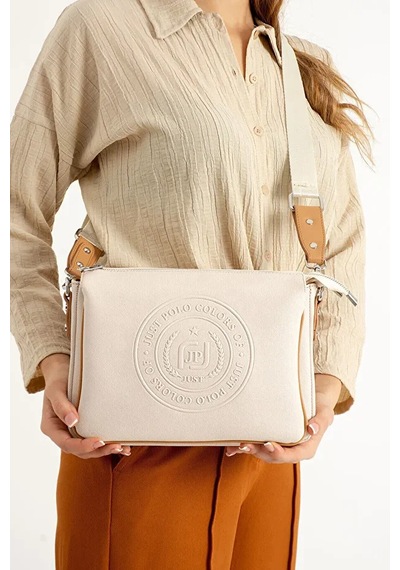 Just Polo Kadın Günlük Kullanıma Uygun Ayarlanabilir Askılı Lakoste Kumaş Şık Omuz Çantası Shopper Krem Taba