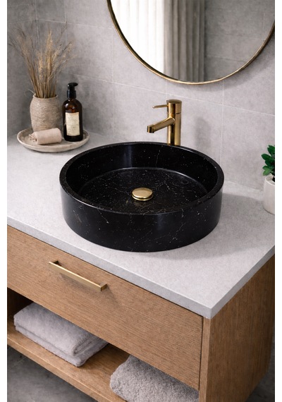 Mermer Desenli Tezgah Üstü Yuvarlak Çanak Taş Lavabo 45 Cm Siyah