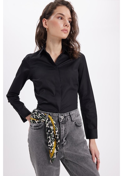 Tudors Kadın Slim Fit Non-ıron Pamuklu Vücuda Oturan Ütü Gerektirmez Pensli Siyah Gömlek-42045 Siyah