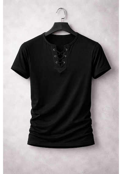 Bybülent Özel Üretim İpli Yaka Geniş Yaka Bisiklet Yaka Tişört Tshirt Siyah