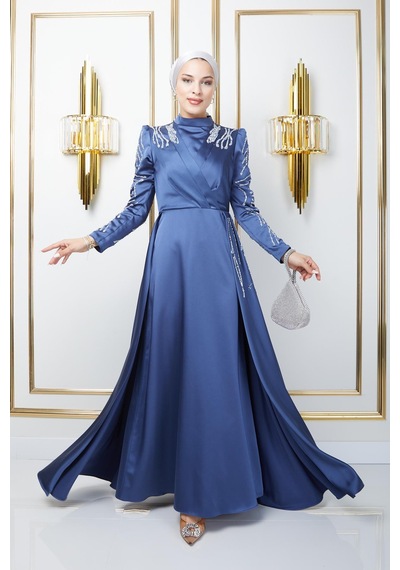 Olcay Önü Ve Kolları Pul Ve Taş Detaylı Saten Abiye Elbise K. İndigo 1660