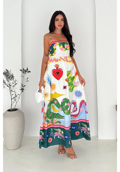Asprin Fashion İthal Krep Kumaş Kare Yaka Elbise Desenli Desenli