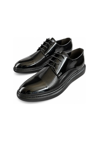 Yalçın Shoes Erkek Siyah Parlak Suni Deri Bağcıklı Klasik Ayakkabı Dokulu Ön Yüzey, Kalın Taban Damatlık Ayakkabı Siyah - 933647984 Siyah