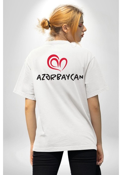 Azerbaycan Seviyorum I Love Azarbaycan Beyaz Oversize Unisex Ön Ve Sırt Baskılı Tişört Beyaz