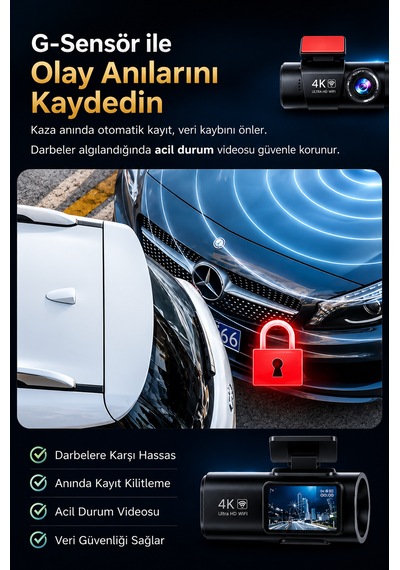 4k Ultra Hd Araç Kamerası Çift Lens Ön Arka Wi-fi Gps Park Modu Gece Görüşlü G-sensörlü Araç İçi Güvenlik Kamerası