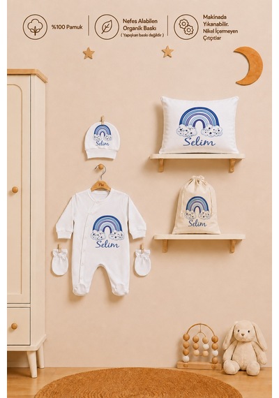 Pia Baby İsme Özel %100 Pamuk Erkek Bebek Yastık Battaniyeli Tulum Set Kese Hediyeli 1101tybkyx Krem