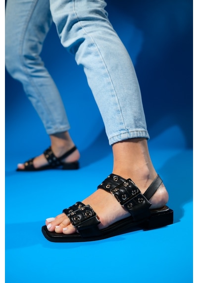 Luvishoes Blob Siyah Cilt Tokalı Kadın Sandalet Siyah