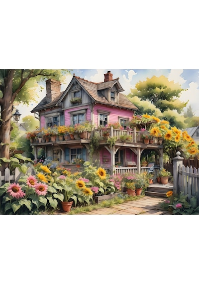 Nova Puzzle 1000 Parça Ayçiçekli Pembe Ahşap Ev Puzzle - Pembe Köy Evi