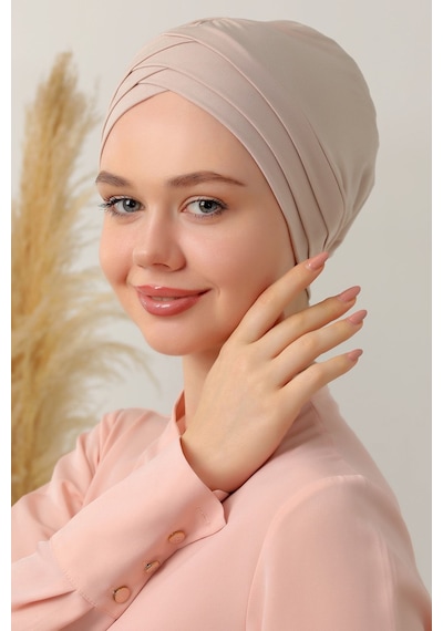 Melodi Scarf Kadın Üç Bantlı Çapraz Hazır Türban Dış Bone Taş Rengi Siyah