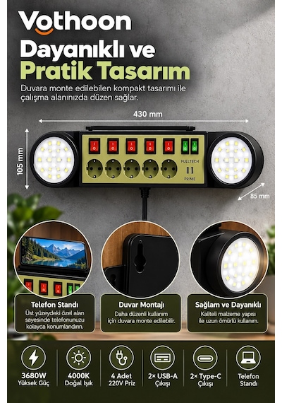 Akıllı Masaüstü Duvar Tipi Akım Korumalı 5 Li Priz 3680w Led Işıklı Usb-a Type-c Telefon Standlı