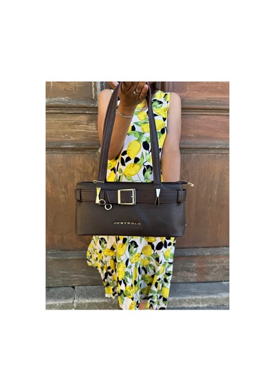 Just Polo Kadın Gold Aksesuarlı Kemer Detaylı Şık El Çantası Shopper Ebat : 14 X 30 Cm Kahverengi