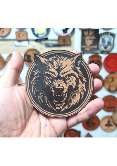 Vahşi Kurt -yuvarlak Deri Peç - Arma - Wolf Leather Patch Bej