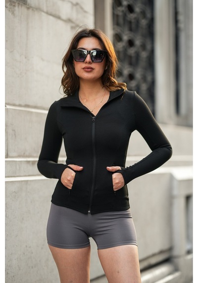 Gugus Kadın Spor Baskısız Ceket Fermuarlı Parmak Geçirmeli Model Siyah
