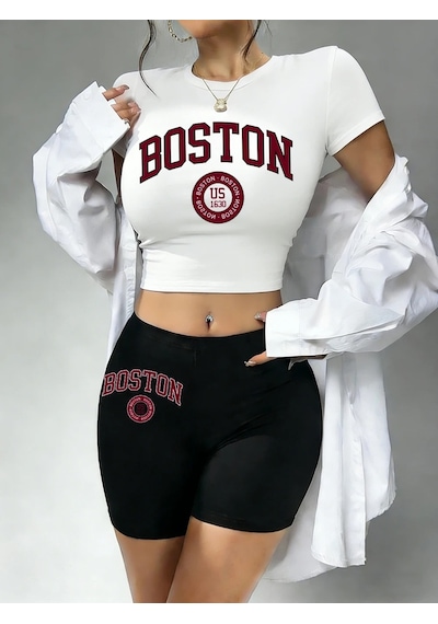 Tarzsokak Yazlık Boston City Us 1630 Baskılı Babby Teetişört Şort Kadın İki Parça Takım Üst Pantolon Dar Ke Beyaz