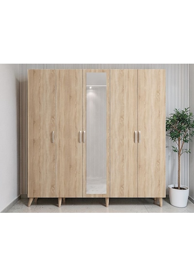 Alara Tamamı Mdf Aynalı Portmanto Vestiyer Ayakkabılık Meşe 200 Cm - M12