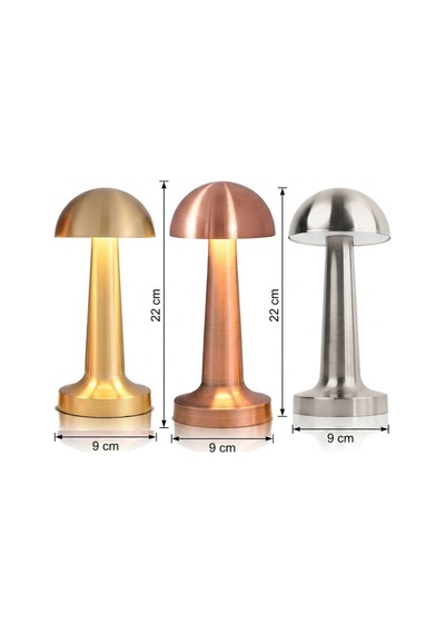 Mantar Masa Lambası Gümüş Renk Şarjlı Kablosuz Metal Masa Lambası, Dokunmatik Led Başucu Lambası Gümüş - Krom