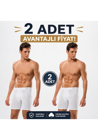 Erdem Erkek Beyaz Likralı 2 Adet Uzun Paça Boxer Kutulu- 1470bw