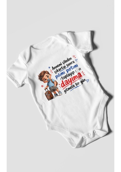 Morivokids Anneye Ve Dayıya Özel Kısa Kollu Bebek Body %100 Pamuk Beyaz