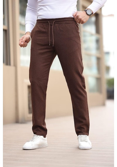 Afri Düğmesiz Düz Kumaş Kahverengi Jogger Pantolon Kahverengi