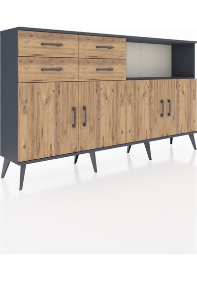 Arges Konsol 4 Raflı 4 Çekmeceli 4 Kapaklı 176x30x99 Antrasit-çam Atlas Çam - Antrasıt