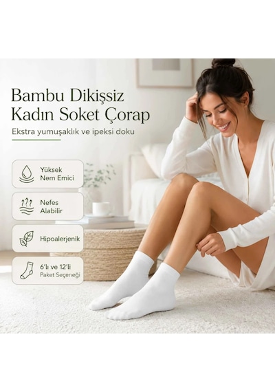 Çorap Giyim Kadın Bambu Uzun Çorap 12 Li Paket, Dikişsiz Burunlu Yumuşak Dokulu Siyah Beyaz Gri