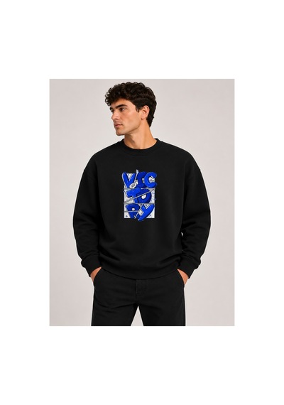 Herkesemoda Victory Baskı Detaylı Bisiklet Yaka Şardonlu 2 İplik Sweatshirt Siyah