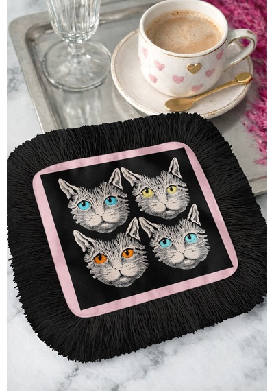 Şık Kedi Portre Saçaklı Sunum Peçetesi - Sanatsal Bohem Siyah Pembe Desenli Kahve Sunum Mendili Çok Renkli