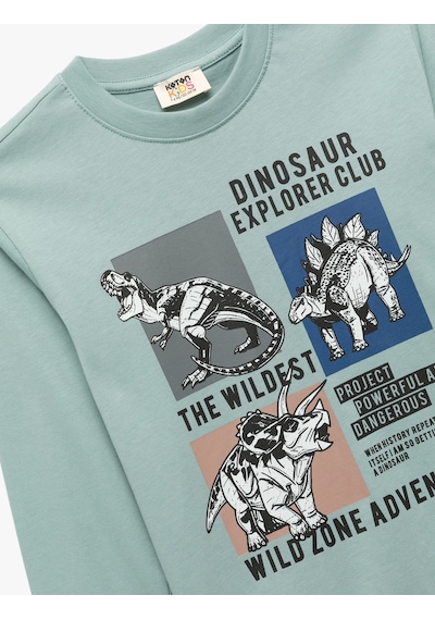 Koton Pamuklu Uzun Kollu Bisiklet Yaka Dinozor Baskılı Tişört Yeşil 7wkb10091tk