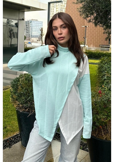 WeShaya Kadın Mint Asimetrik Kesim, Önü İki Parçalı, İnce Triko Kumaş, Salaş Bluz Kazak Mint
