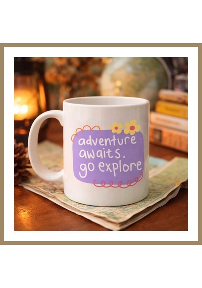 Bezos Adventure Awaits Go Explore Yazılı Porselen Kupa Model 157 Motivasyon Temalı, Sevimli Tasarım, Kahve & Çay Kupası 22 Çok Renkli