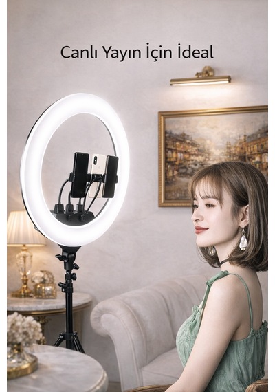 22 Inç Ring Light Mega Boy Döküm Ayaklı Kuaför Makyaj Işığı Youtube Canlı Yayın Led Halka Lüx Siyah