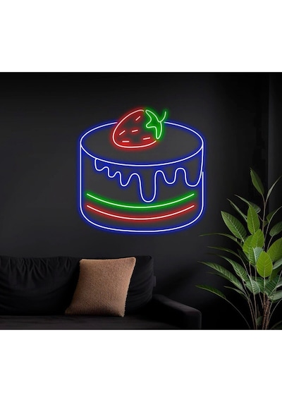Çilekli Pasta Figürlü Neon Tabela Mavi