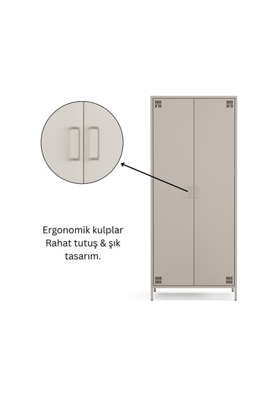 Pera Metal Elbise Dolabı, Soyunma Dolabı, İki Kapılı, 80,50 X 50 X 189,50 Cm Bej