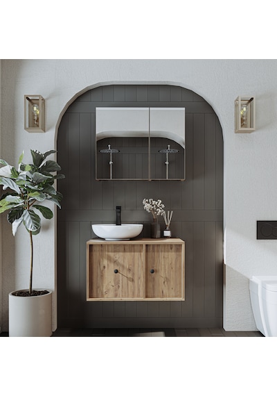 Lavabolu Mdf 75 Cm Çekmeceli Dolabı + Aynalı Üst Dolabı Atl Atlantik Çam
