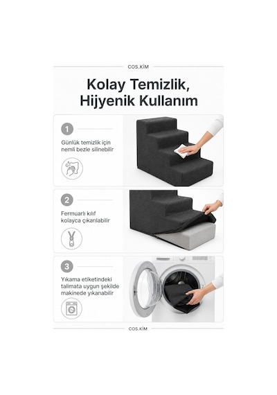 4 Basamaklı Kedi Köpek Merdiveni 54x40x40 Cm, Fermuarlı Yıkanabilir Kılıflı Sert Sünger