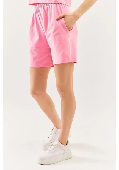 Rahat %100 Pamuklu Penye Beli Lastikli Bel Cepli Kısa Trendy Kadın Şort Pembe