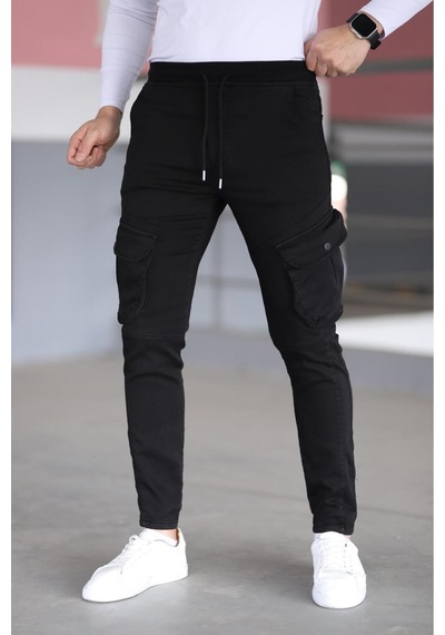 Blayn Jeans Erkek Açık Gri Kargo Cepli Paça Bel Lastikli Likralı Kargo Cep Pantolon Siyah