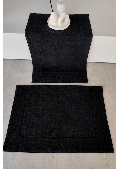 2'li Diyagonal Çizgili Ayak Havlusu Seti - %100 Pamuk Havlu Takımı - 50x70 Cm Sıyah Siyah